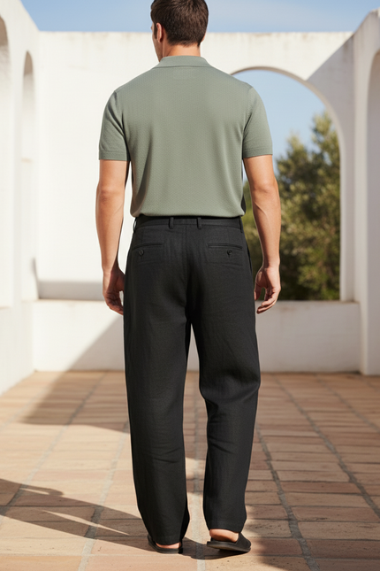Pantalon En Lin Noir Ample Plissé Décontracté Homme - vue 2
