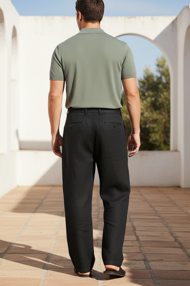 Pantalon En Lin Noir Ample Plissé Décontracté Homme - vue 2