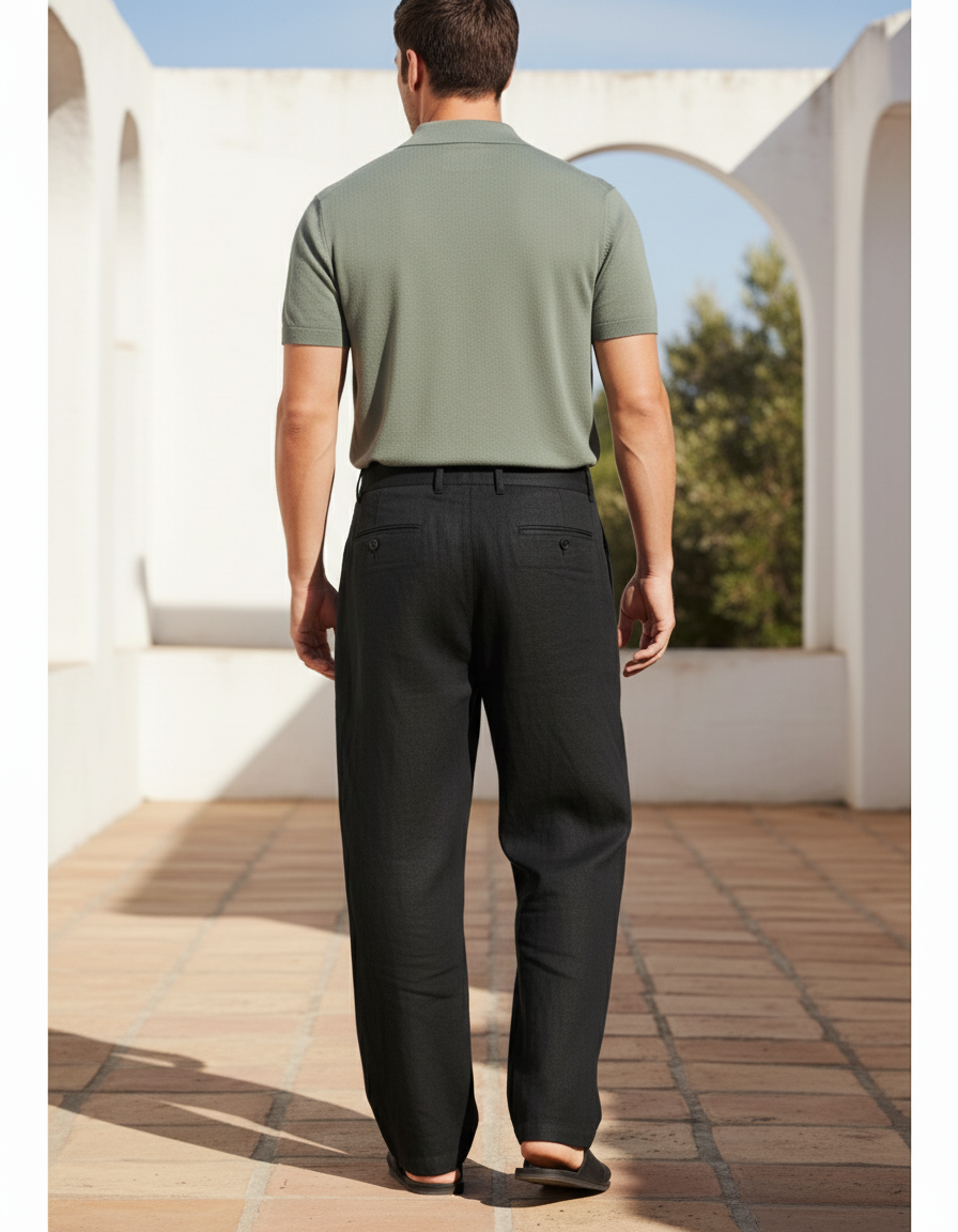 Pantalon En Lin Noir Ample Plissé Décontracté Homme - vue 2