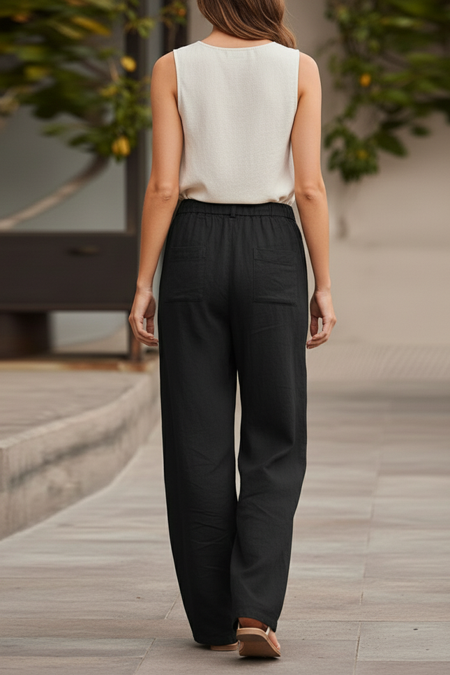 Pantalon En Lin Noir Ample Élastique Femme Droit - vue 2