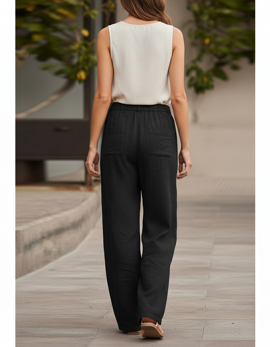 Pantalon En Lin Noir Ample Élastique Femme Droit - vue 2