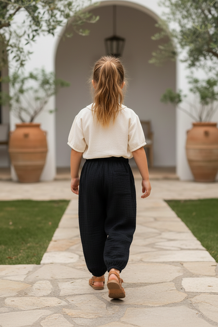Pantalon En Lin Noir Ample Coton Harem Enfant - vue 2