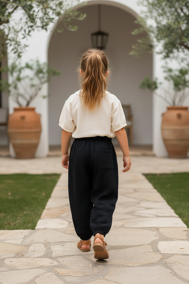 Pantalon En Lin Noir Ample Coton Harem Enfant - vue 2