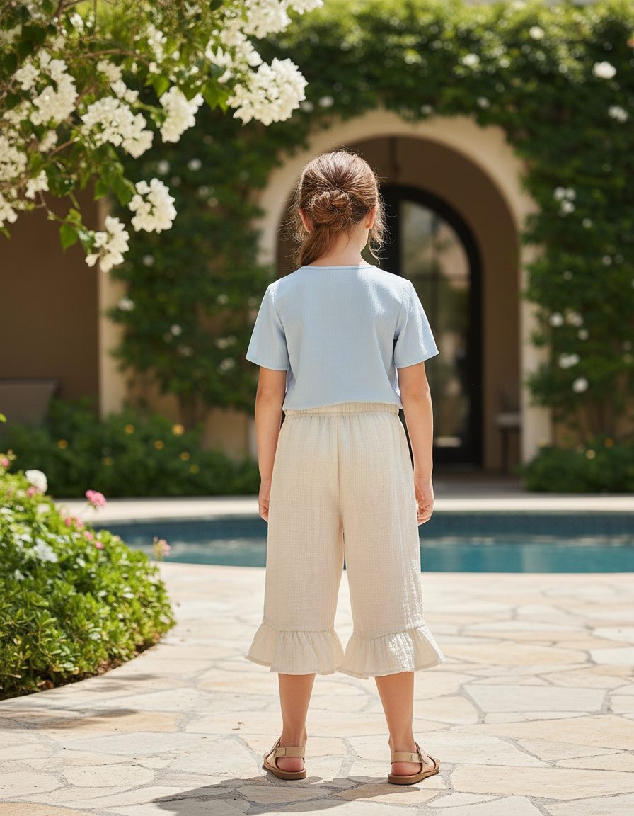 Pantalon En Lin Beige Ample Volants Fille Confortable - vue 2