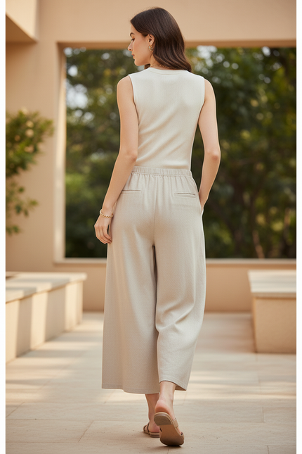 Pantalon En Lin Beige Ample Taille Élastique Femme - vue 2