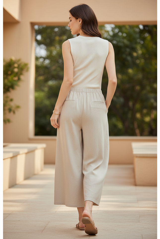 Pantalon En Lin Beige Ample Taille Élastique Femme - vue 2
