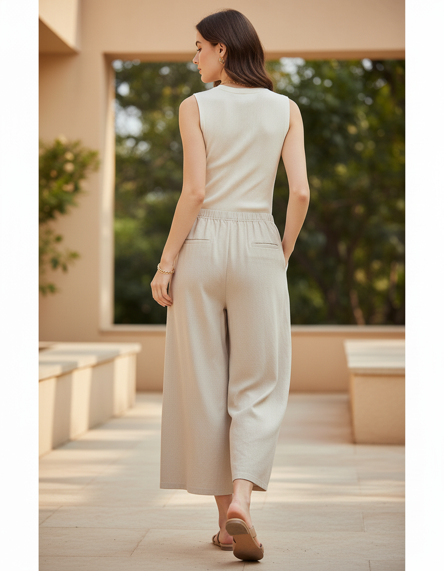 Pantalon En Lin Beige Ample Taille Élastique Femme - vue 2