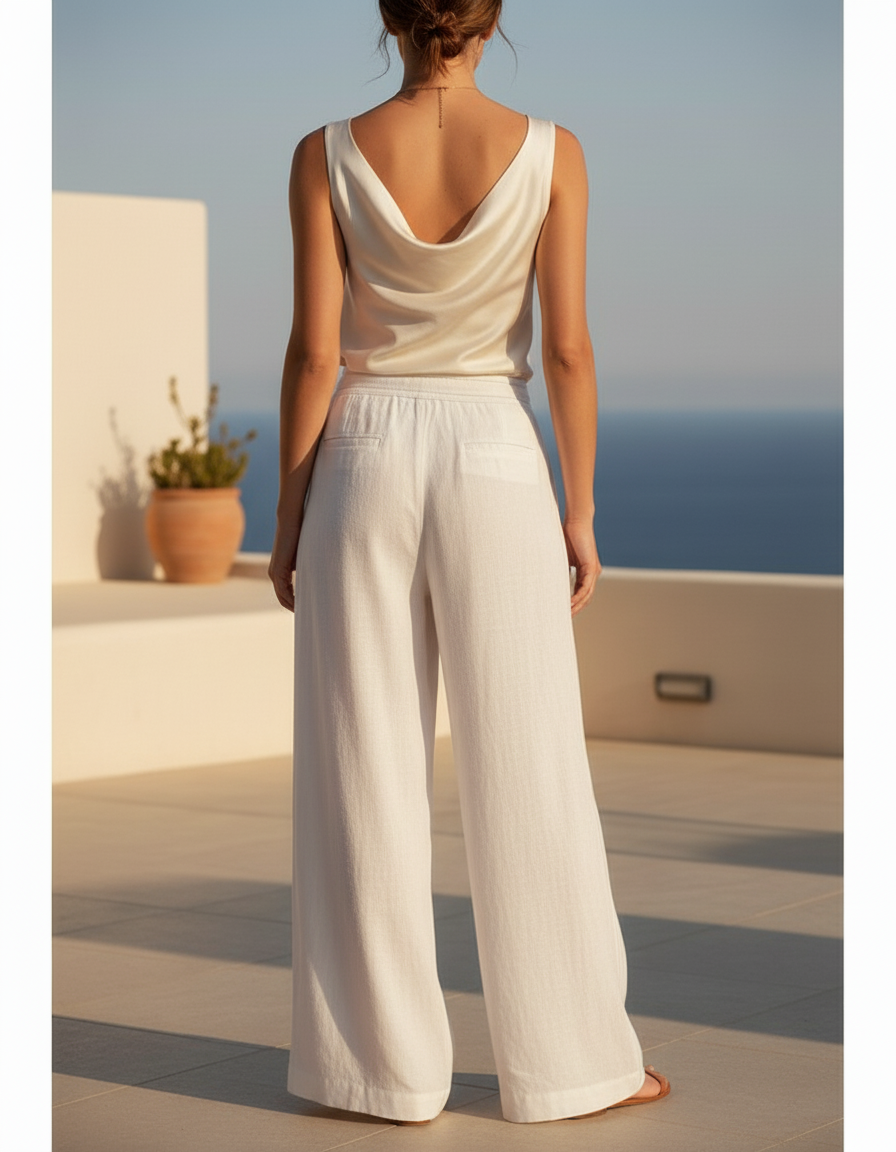 Pantalon En Lin Blanc Ample Décontracté Fluide Chic - vue 2