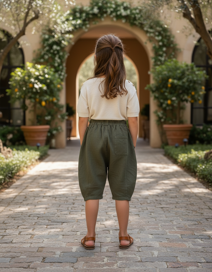 Pantalon En Lin Vert Ample Court Enfant - vue 2