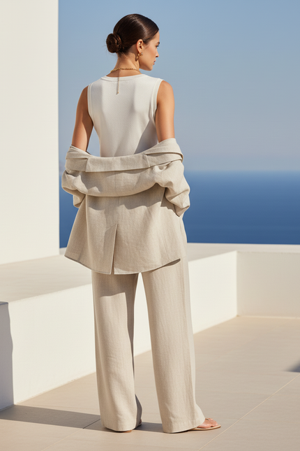 Pantalon En Lin Beige Ample Fluide Décontracté Élégant - vue 2