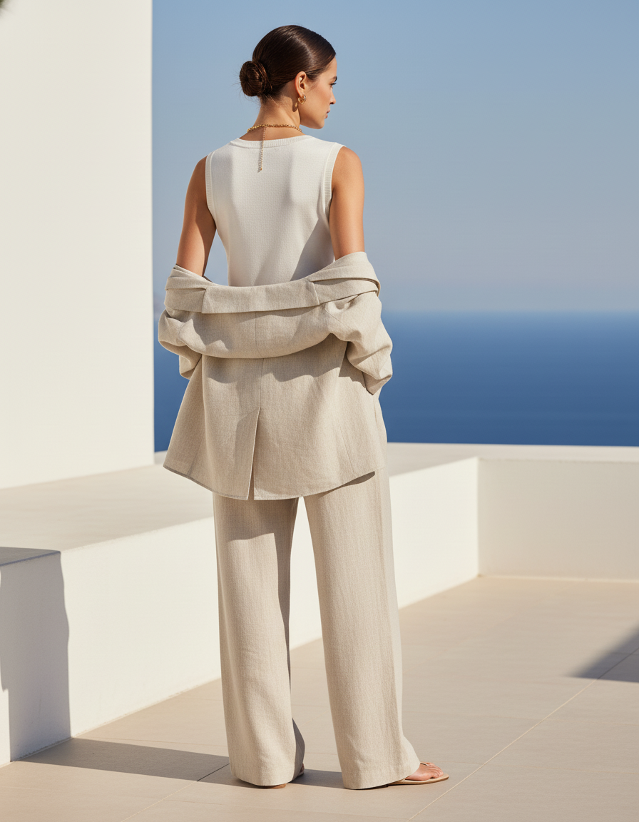 Pantalon En Lin Beige Ample Fluide Décontracté Élégant - vue 2