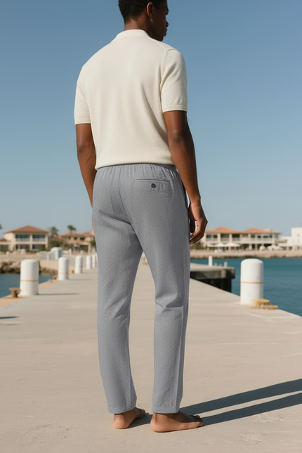 Pantalon En Lin Gris Motif Géométrique Droit Décontracté - vue 2
