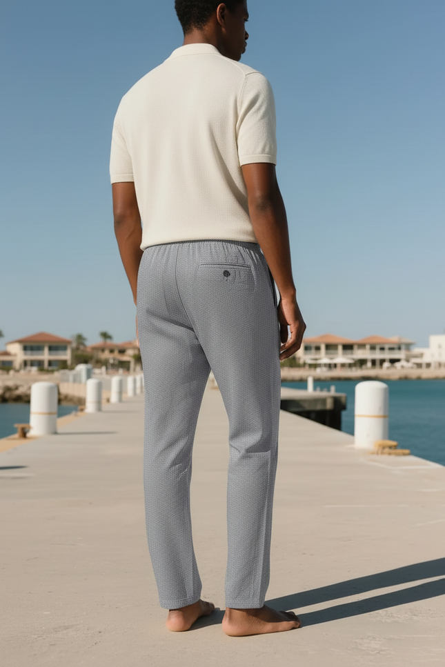 Pantalon En Lin Gris Motif Géométrique Droit Décontracté - vue 2