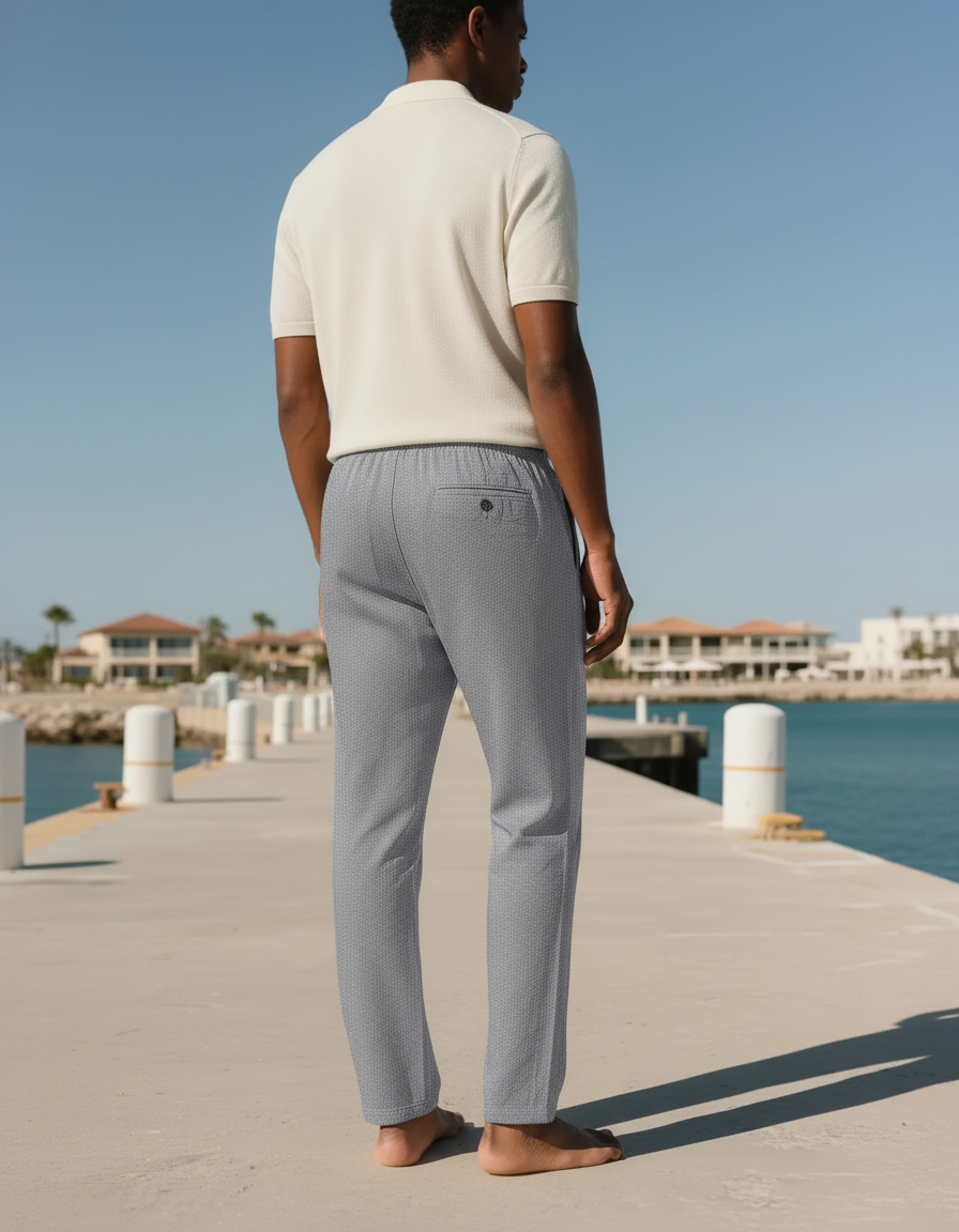 Pantalon En Lin Gris Motif Géométrique Droit Décontracté - vue 2