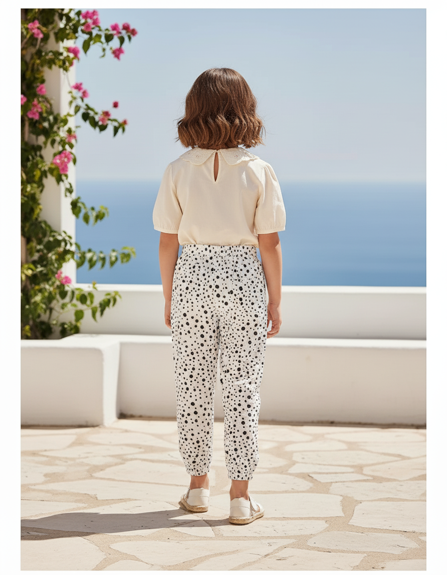 Pantalon En Lin Blanc Imprimé Pois Noir Fille - vue 2
