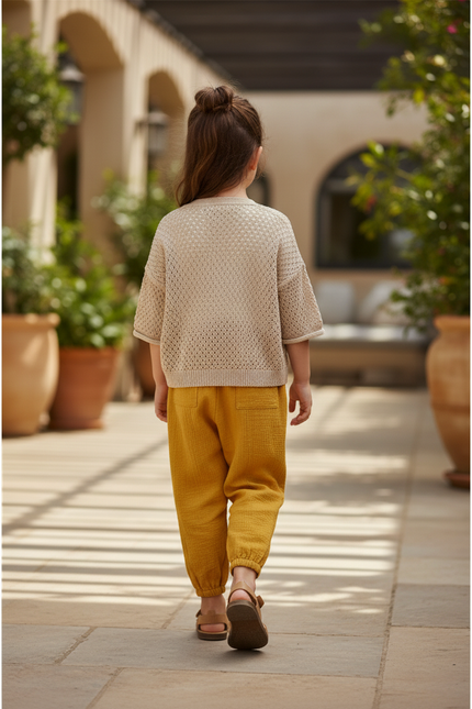 Pantalon En Lin Jaune Moutarde Ample Enfant Coton - vue 2