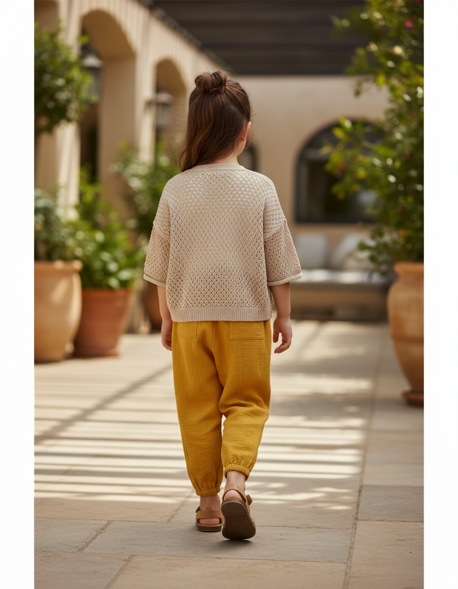 Pantalon En Lin Jaune Moutarde Ample Enfant Coton - vue 2