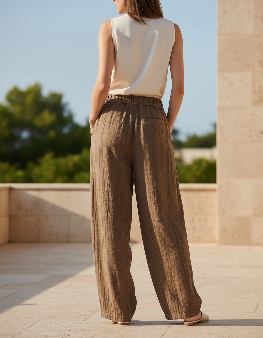 Pantalon En Lin Marron, Ample, Texturé, Taille Élastique, Décontracté. - vue 2