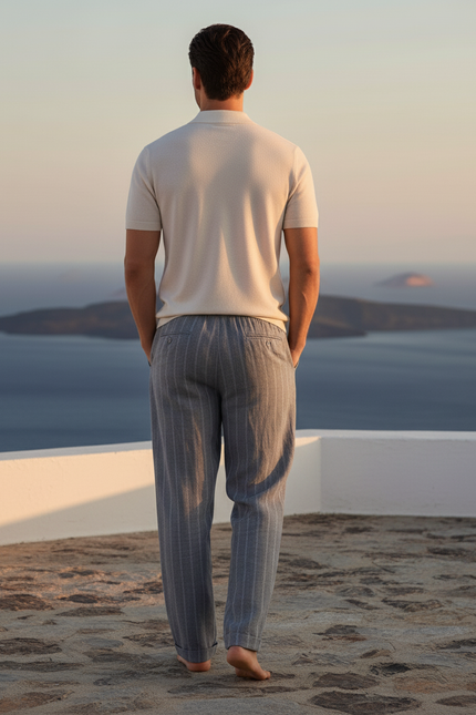 Pantalon En Lin Rayé Droit Confortable Homme - Gris - vue 2