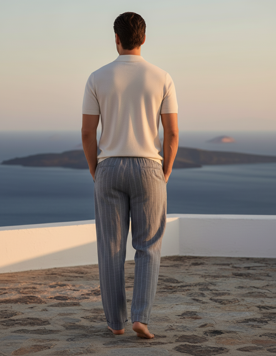 Pantalon En Lin Rayé Droit Confortable Homme - Gris - vue 2