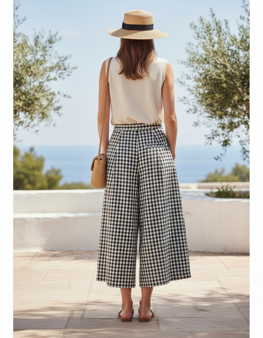 Pantalon En Lin Carreaux Vichy Ample Taille Haute Femme - Imprimé - vue 2