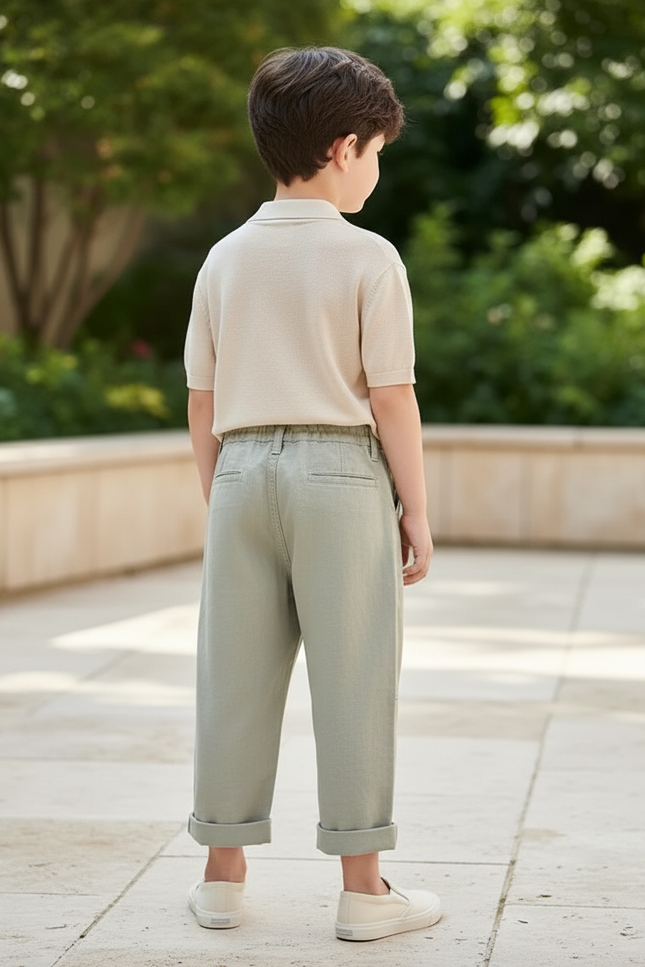 Pantalon En Lin Vert Ample Plissé Décontracté Enfant - vue 2