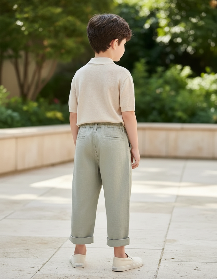 Pantalon En Lin Vert Ample Plissé Décontracté Enfant - vue 2