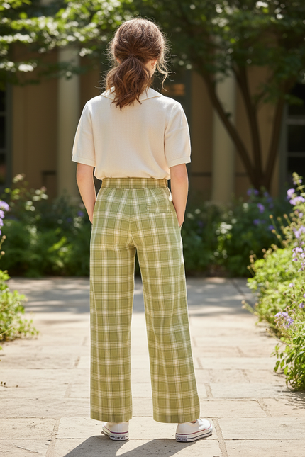 Pantalon En Lin Vert Ample Carreaux Décontracté Enfant - vue 2