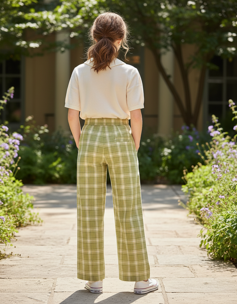 Pantalon En Lin Vert Ample Carreaux Décontracté Enfant - vue 2