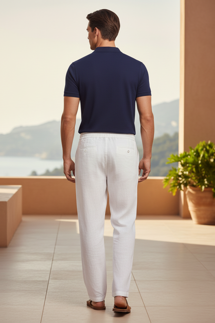 Pantalon En Lin Blanc Cordon Droit Décontracté Homme - vue 2