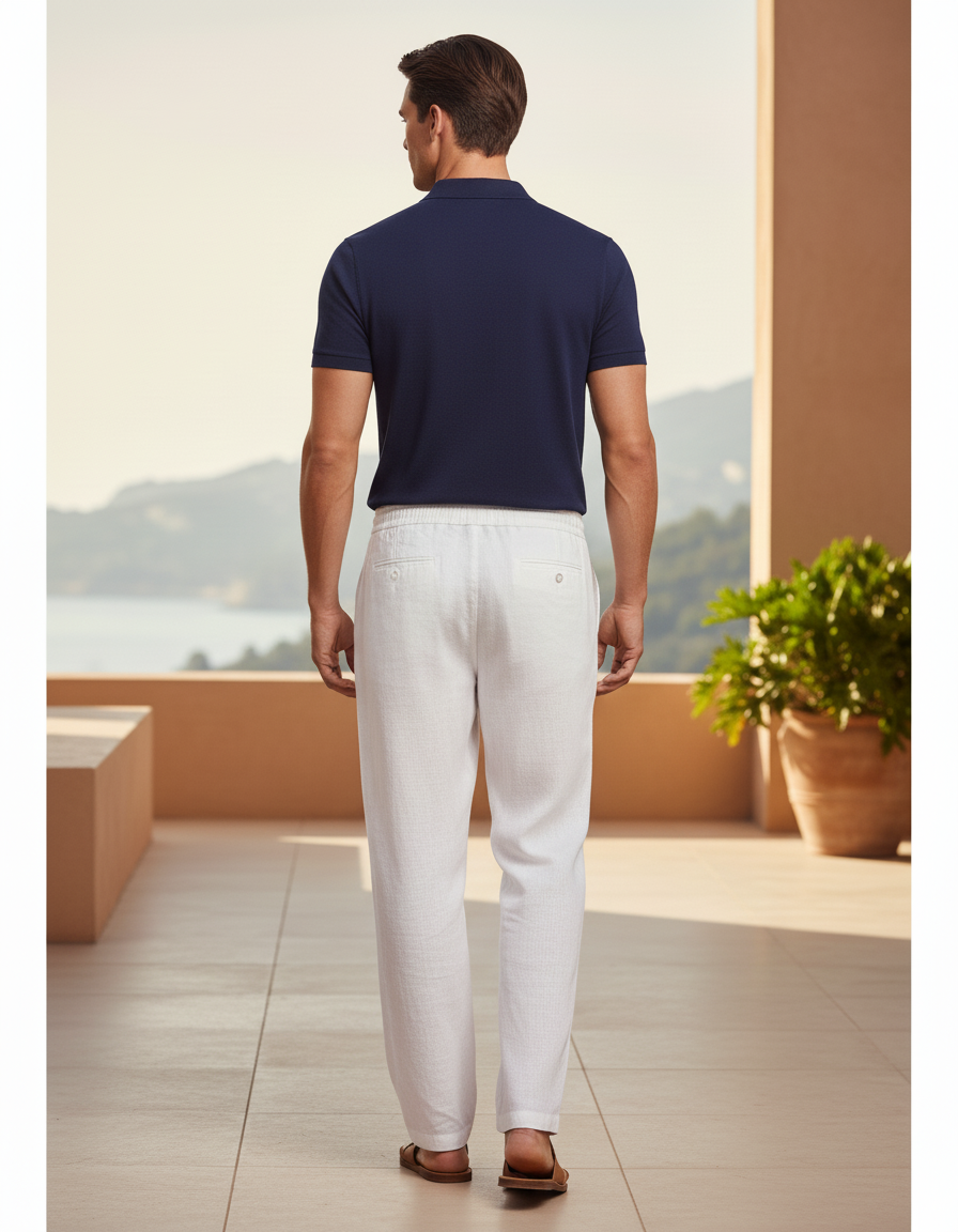 Pantalon En Lin Blanc Cordon Droit Décontracté Homme - vue 2