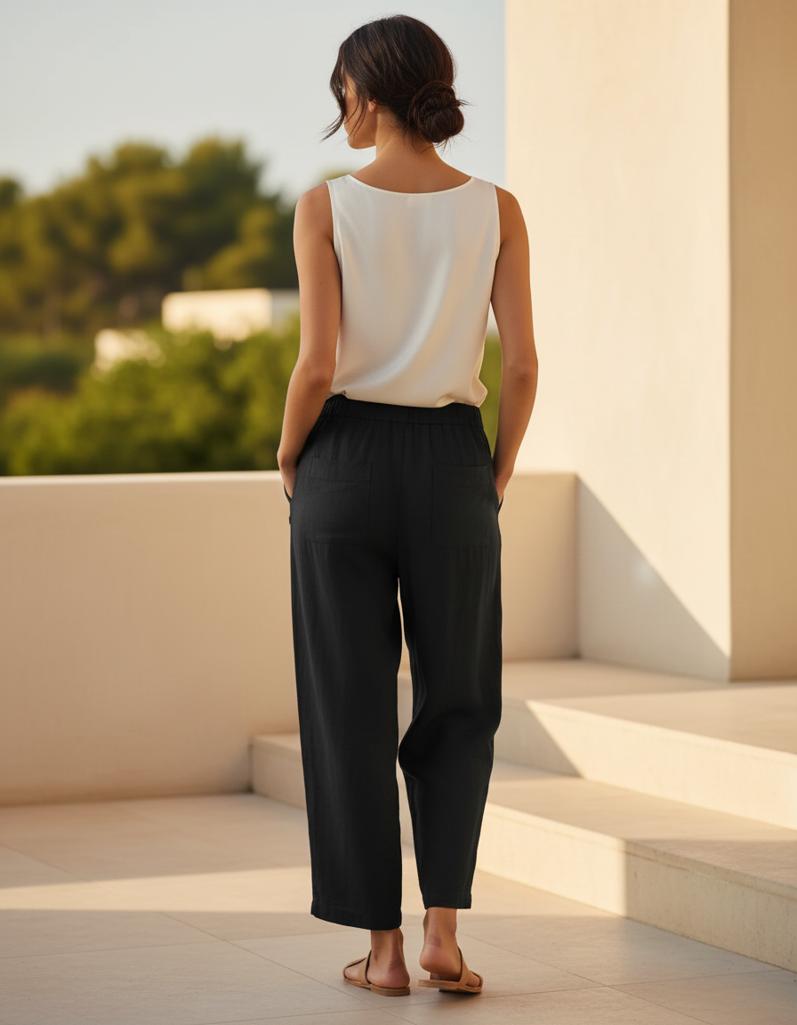 Pantalon En Lin Noir Ample Boutons Décontracté Femme - vue 2