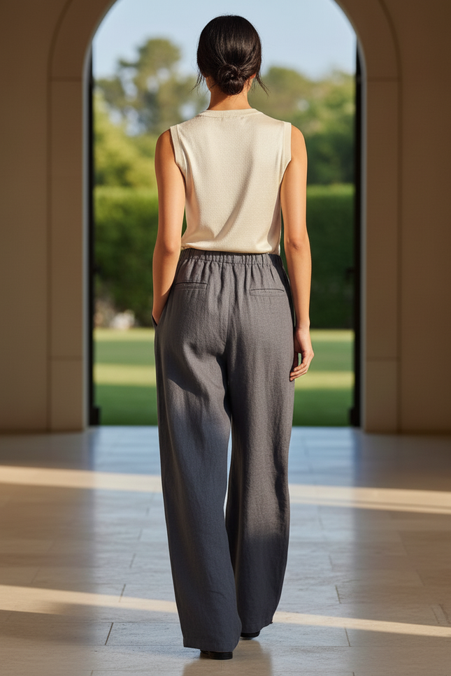 Pantalon En Lin Gris Ample Décontracté Femme - vue 2