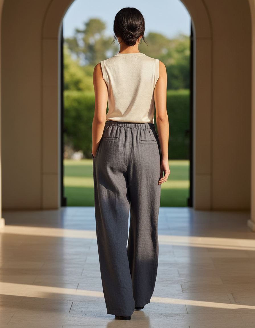 Pantalon En Lin Gris Ample Décontracté Femme - vue 2