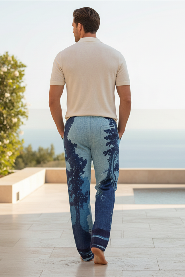 Pantalon En Lin Imprimé Japonais Ample Décontracté Homme - vue 2