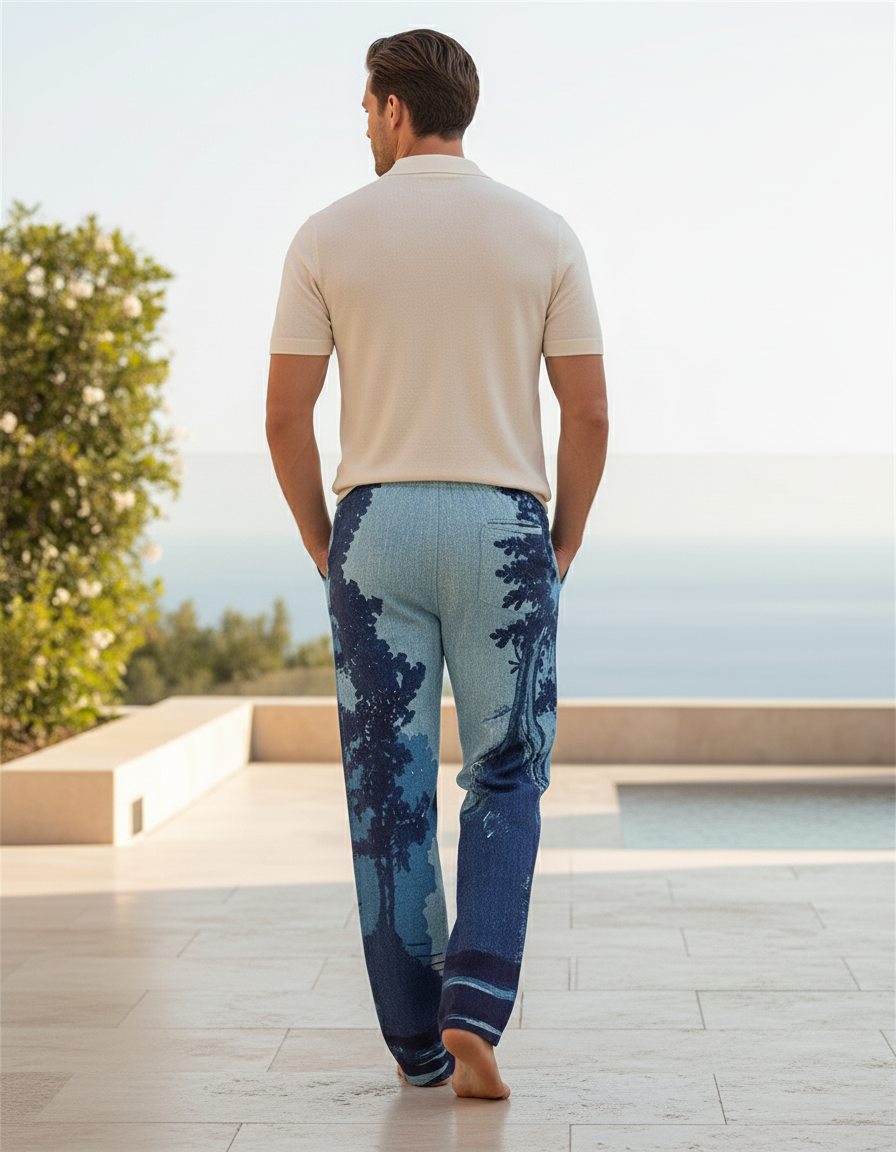 Pantalon En Lin Imprimé Japonais Ample Décontracté Homme - vue 2