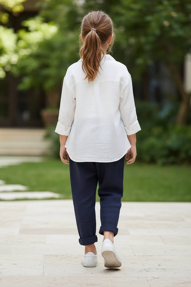 Pantalon En Lin Bleu Marine Ample Décontracté Enfants - vue 2