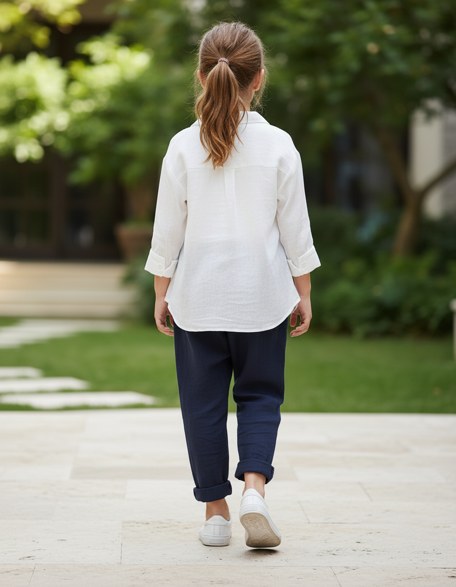 Pantalon En Lin Bleu Marine Ample Décontracté Enfants - vue 2