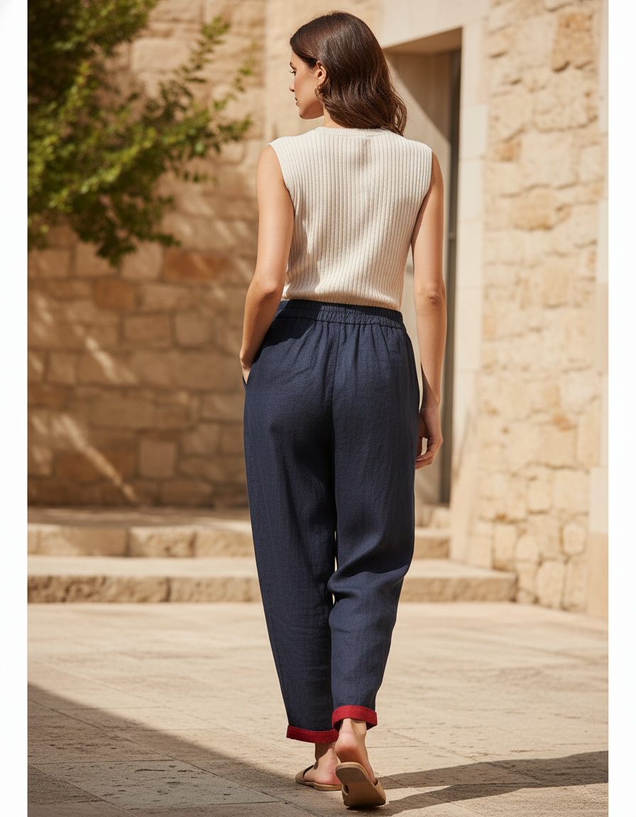 Pantalon En Lin Marine Cordon Fluide Décontracté - vue 2