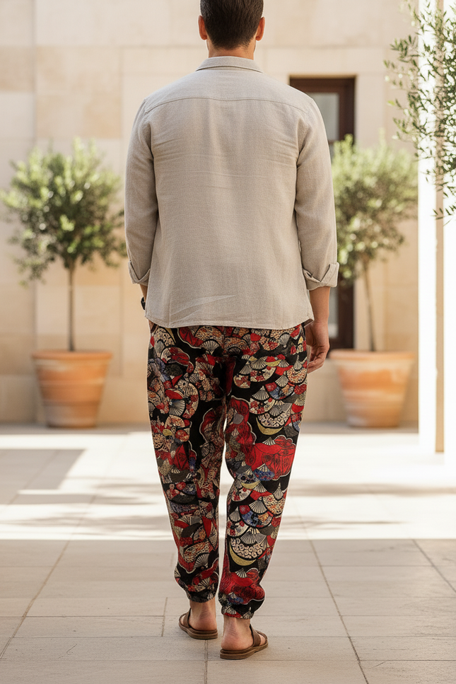 Pantalon En Lin Harem Imprimé Ethnique Ample Bohème Homme - Multicolore - vue 2