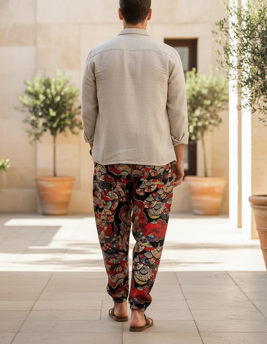 Pantalon En Lin Harem Imprimé Ethnique Ample Bohème Homme - Multicolore - vue 2