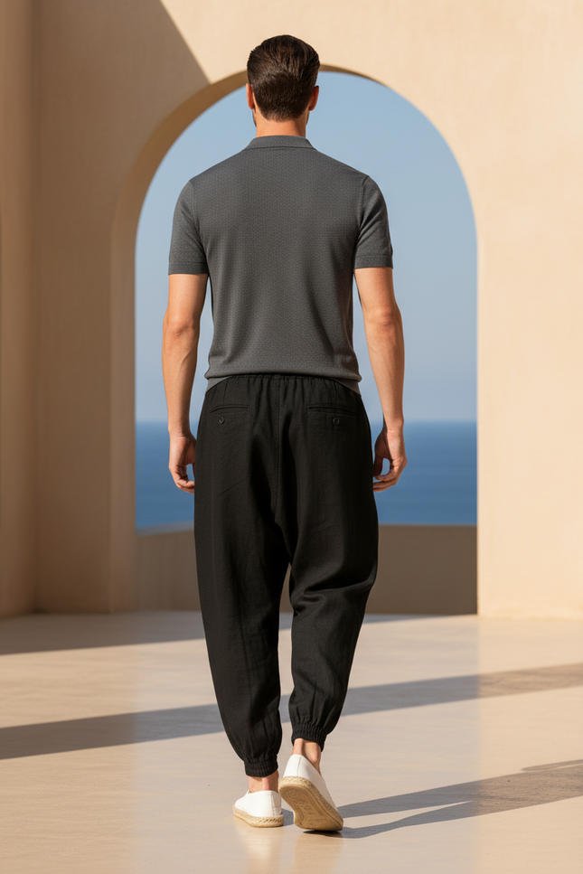Pantalon En Lin Noir Ample Cordon Homme - vue 2
