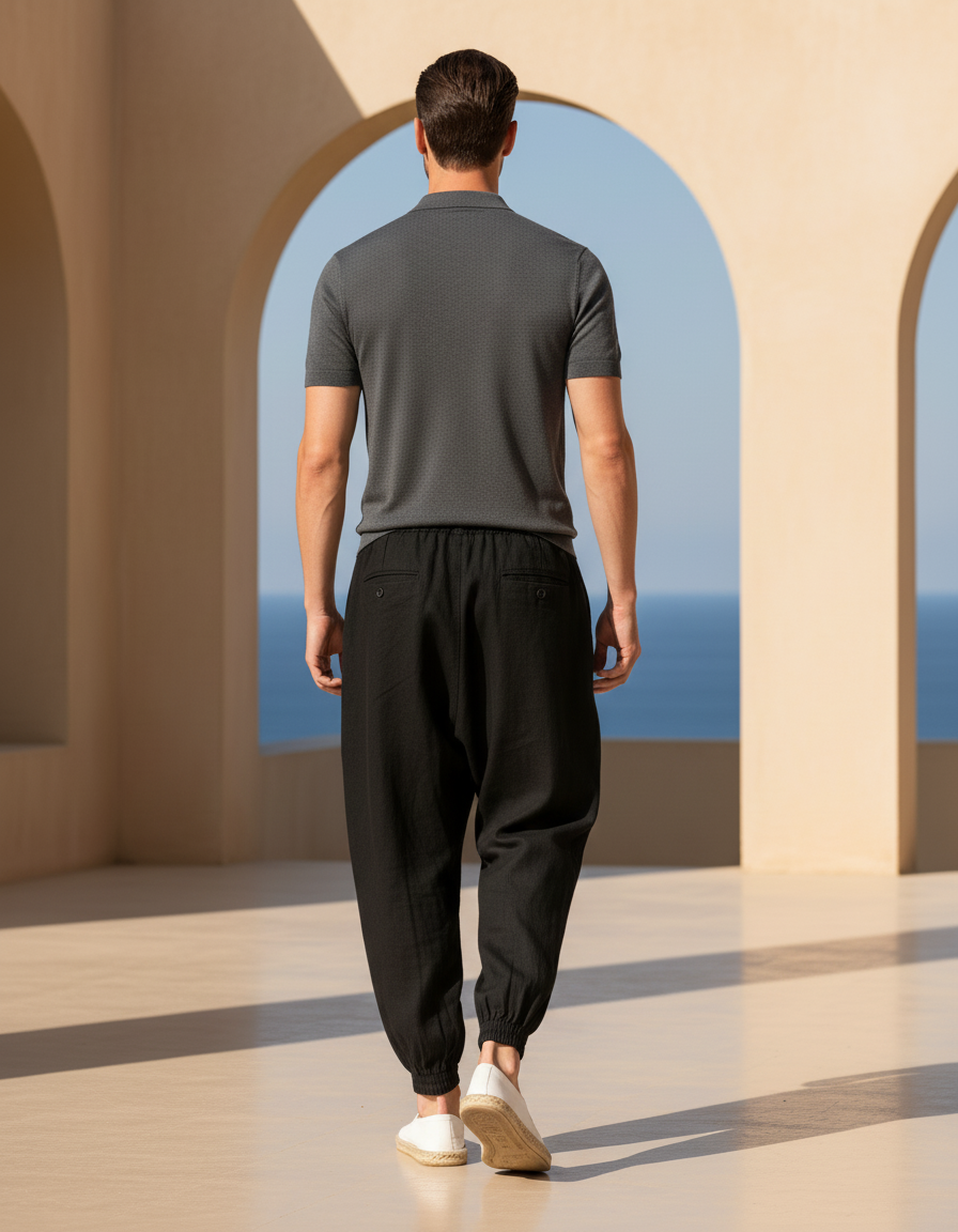 Pantalon En Lin Noir Ample Cordon Homme - vue 2