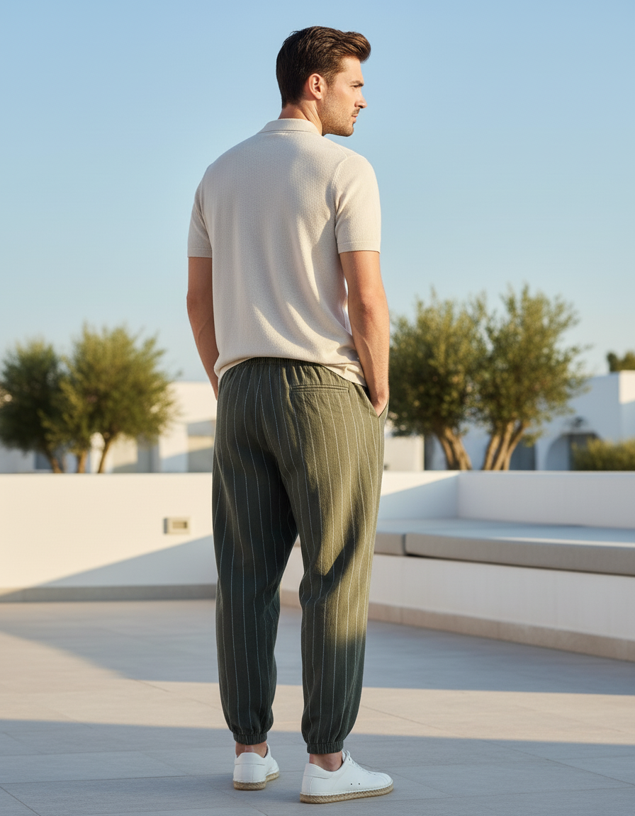 Pantalon En Lin Vert Rayé Ample Homme Décontracté - Kaki - vue 2