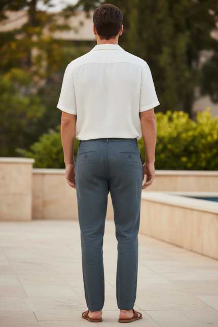 Pantalon En Lin Homme Bleu Marine Droit Décontracté Léger - vue 2