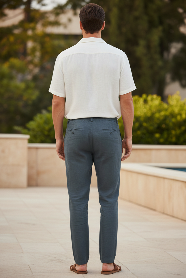 Pantalon En Lin Homme Bleu Marine Droit Décontracté Léger - vue 2