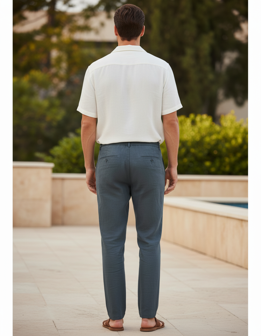 Pantalon En Lin Homme Bleu Marine Droit Décontracté Léger - vue 2