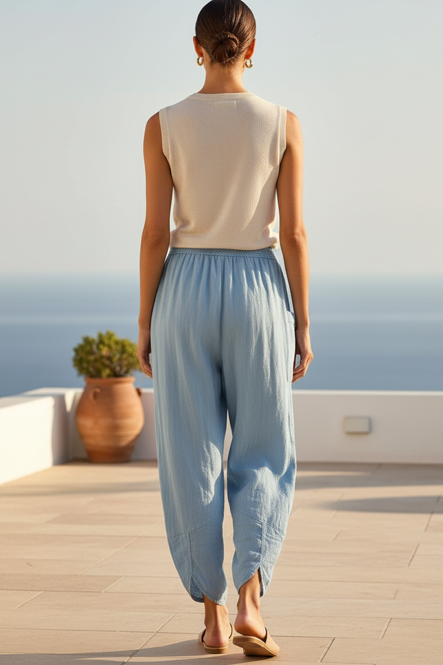 Pantalon En Lin Bleu Ample Décontracté Poches Femme - vue 2