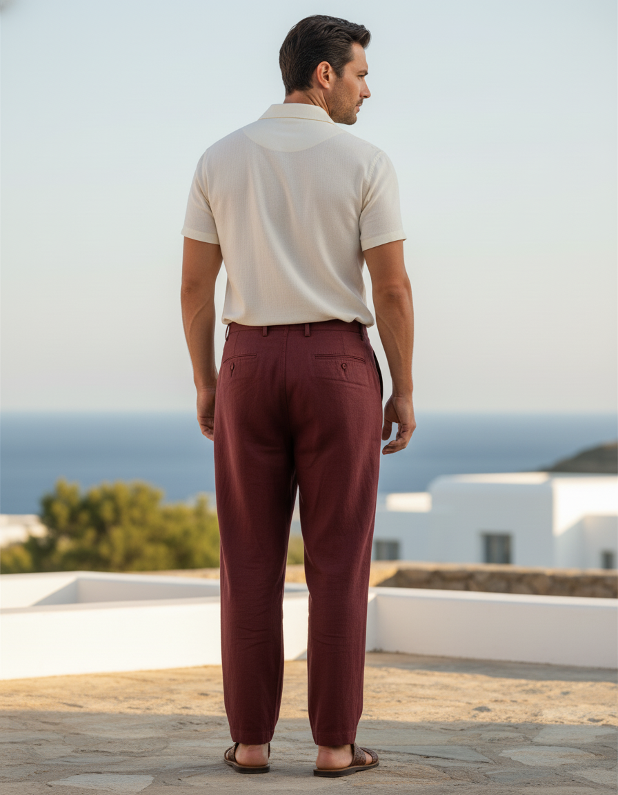 Pantalon En Lin Bordeaux Plissé Ample Décontracté Homme - vue 2