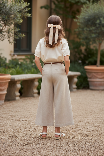Pantalon En Lin Beige Ample Droit Enfant Élégant - vue 2